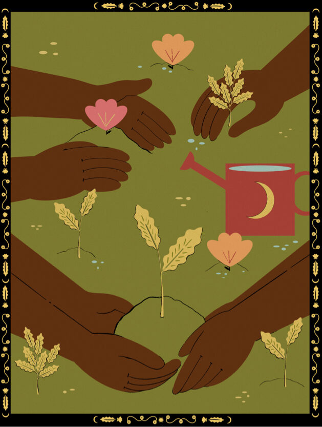 Illustration of hands tending to flowers and saplings and a watering can